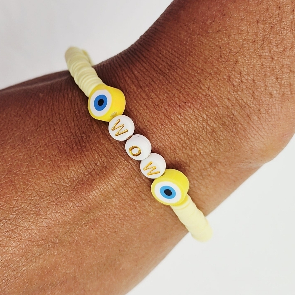 Handmade Clay Heart Bead Bracelet With The Word WOW